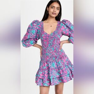 Love The Label Audrey Smocked Mini Dress Lola Pink Puff Sleeve Tiered S Small